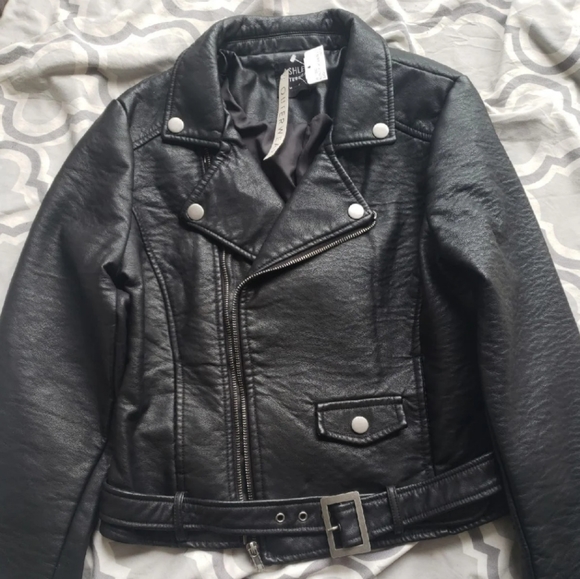 Black Faux Leather Biker Moto Jacket 
